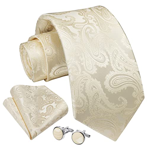 Enlision Beige Champagner Krawatte Herren Paisley Hochzeit Krawatten und Einstecktuch mit Manschettenknöpfe Set Elegant Seide Einfarbig Seidenkrawatte mit Taschentuch Business Party von Enlision