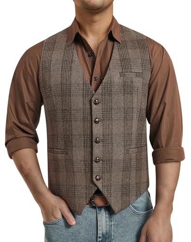 Enlision Beige Herren Vintage Anzug Weste Formale RegelmäßIge Passform Tweed Westen Herren LäSsig Hochzeit Business-Anzug Weste Mit Tasche 2XL von Enlision