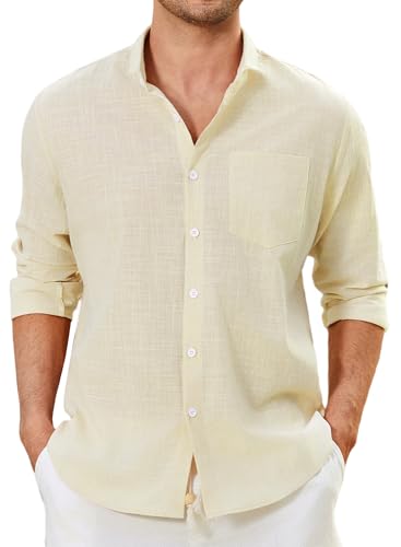 Enlision Hellgelbes Leinenhemd Herren Langarm Hemd Herren Beige Baumwolle Leichtes Sommerhemd Freizeithemd Regular Fit Hemden Henley Shirt Sommer S von Enlision