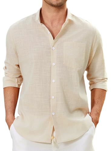 Enlision Beige Leinenhemd Herren Langarm Hemd Herren Khaki Baumwolle Leichtes Sommerhemd Freizeithemd Regular Fit Hemden Henley Shirt Sommer XL von Enlision