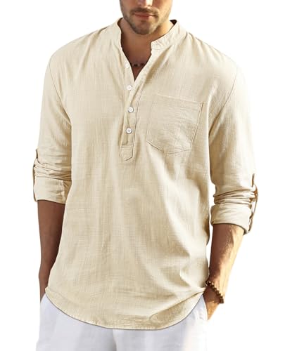 Enlision Biege Leinenhemd Herren Hemd Langarm Sommerhemd Herren Regular Fit Freizeithemd mit Brusttasche Henley Shirt XXL von Enlision