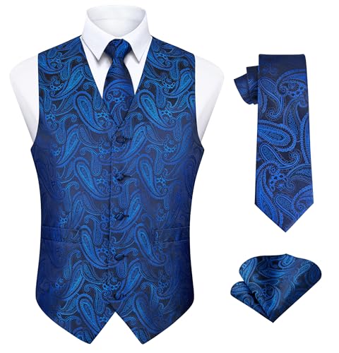 Enlision Blau Anzugweste Herren Paisley Hochzeit Weste Krawatte Einstecktuch Party Anzug Weste Set L von Enlision