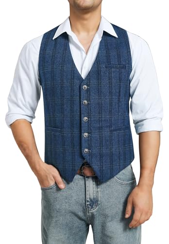 Enlision Weste Anzug Herren Formale Blau V Ausschnitt Herrenweste Tweed Plaid Regular Fit Kariert AnzugWeste für Manner Hochzeits 2XL von Enlision