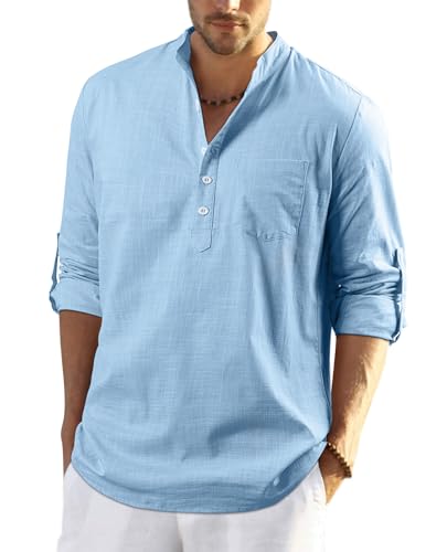 Enlision Blau Leinenhemd Herren Hemd Langarm Sommerhemd Herren Regular Fit Freizeithemd mit Brusttasche Henley Shirt 2XL von Enlision