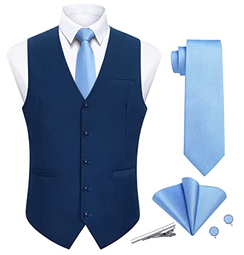 Enlision Blaue Anzugwesten Herren Formale Weste Krawatte Einstecktuch Set Anzugweste für Hochzeit Business Party Westen 2XL von Enlision