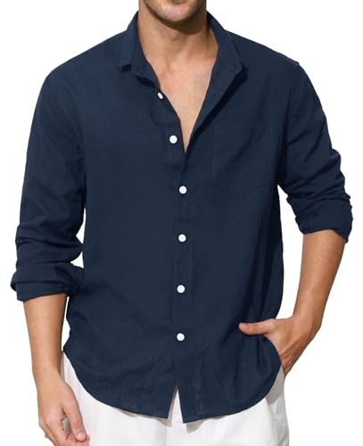 Enlision Blaues Hemd Herren Langarm Leinenhemd Herren Marineblau Baumwolle Leichtes Freizeithemd Sommerhemd Hemden Regular Fit Henley Shirt L von Enlision