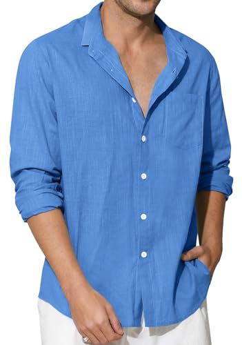 Enlision Blaues Leinenhemd Herren Langarm Hemd Herren Königsblau Baumwolle Leichtes Freizeithemd Sommerhemd Hemden Regular Fit Henley Shirt 3XL von Enlision