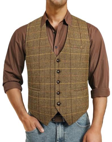Enlision Braun Weste Herren Formale Wolle Tweed Elegant Herrenwesten V Ausschnitt Kariet Plaid Anzugweste für Hochzeits S von Enlision