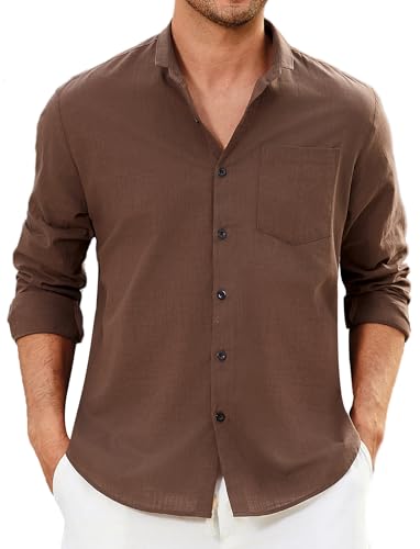 Enlision Braune Leinenhemd Herren Hemd Langarm Baumwolle Leichtes Freizeithemd Sommerhemd Regular Fit Locker Henley Shirt Hemden mit Brusttasche 4XL von Enlision