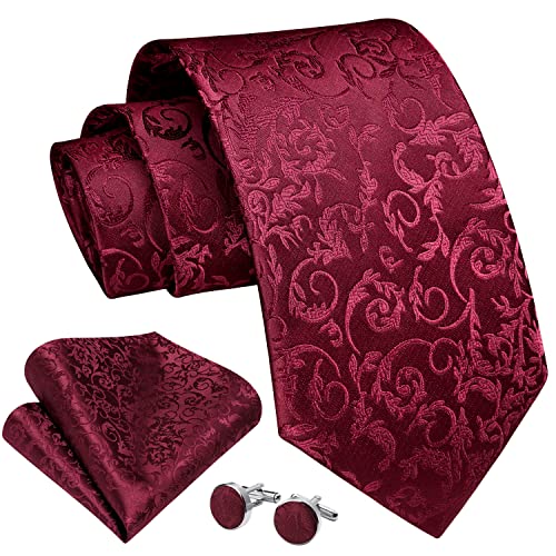 Enlision Burgund Krawatte Herren Seide Hochzeit Krawatten und Einstecktuch mit Manschettenknöpfe Set Elegant Floral Einfarbig Seidenkrawatte mit Taschentuch Business Party von Enlision