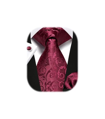 Enlision Burgund Krawatte Herren Seide Hochzeit Krawatten und Einstecktuch mit Manschettenknöpfe Set Elegant Floral Einfarbig Seidenkrawatte mit Taschentuch Business Party von Enlision