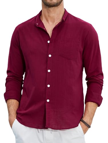 Enlision Burgund Leinenhemd Herren Hemd Langarm Baumwolle Leichtes Freizeithemd Sommerhemd Regular Fit Locker Henley Shirt Hemden mit Brusttasche 3XL von Enlision