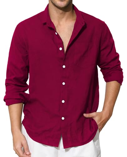 Enlision Burgund Leinenhemd Herren Hemd Langarm Baumwolle Leichtes Freizeithemd Sommerhemd Regular Fit Locker Henley Shirt Hemden mit Brusttasche L von Enlision