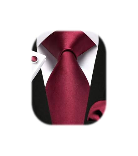 Enlision Burgund Rot Krawatte Herren Seide Hochzeit Krawatten und Einstecktuch mit Manschettenknöpfe Set Elegant Einfarbig Seidenkrawatte mit Taschentuch Business Party von Enlision