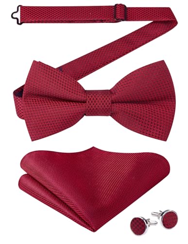 Enlision Burgunder Fliege Herren Einfarbig Fliegen und Einstecktuch mit Manschettenknöpfe Set Vorgebundene Fliege Anzug für Hochzeit Smoking von Enlision