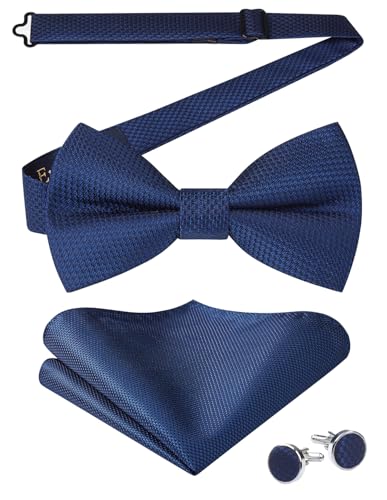 Enlision Dunkelblaue Fliege Herren Vorgebundene Fliegen und Einstecktuch mit Manschettenknöpfe Set Einfarbig Einstellbar Fliege für Hochzeit Business von Enlision