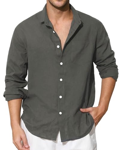 Enlision Dunkelgraue Leinenhemd Herren Hemd Langarm Grau Baumwolle Leichtes Freizeithemd Sommerhemd Regular Fit Locker Henley Shirt Brusttasche L von Enlision