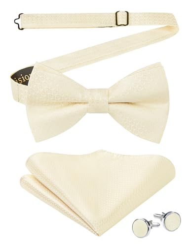 Enlision Fliege Beige Herren Einfarbig Vorgebundene Fliegen und Einstecktuch mit Manschettenknöpfe Set Einstellbar Fliege mit Haken für Hochzeit Party von Enlision