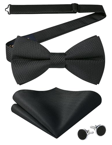 Enlision Fliege Schwarz Herren Einfarbig Vorgebundene Fliegen und Einstecktuch mit Manschettenknöpfe Set Smoking Fliege Anzug für Männer von Enlision