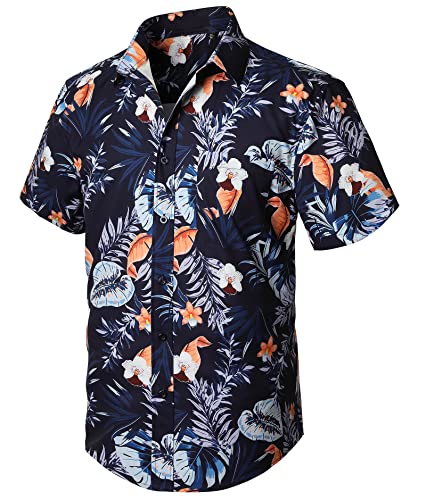 Enlision Funky Hawaiihemd Kurzarm Herren Freizeithemd mit Fronttasche Unisex Hawaii-Print Blumen Shirt Casual Surfen Seaside Bonfire Aloha Party,Marineblau,XXL von Enlision