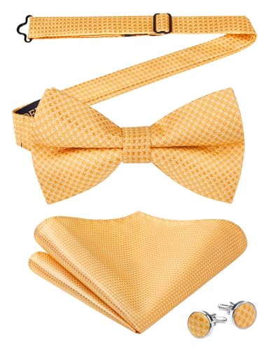 Enlision Gelb Fliege Herren Vorgebundene Einfarbig Fliegen und Einstecktuch mit Manschettenknöpfe Set Hochzeit Party Fliege mit Haken von Enlision