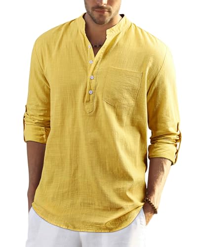 Enlision Gelb Leinenhemd Herren Langarm Hawii Strandhemd für Männer Sommerhemd Regular Fit mit Brusttasche 3XL von Enlision