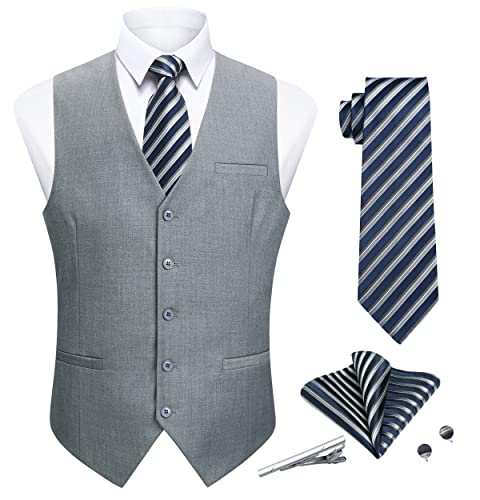 Enlision Anzugweste Grau Formale Anzug Westen Herren Krawatte Einstecktuch Set Elegant Hochzeit Weste für Männer XXL von Enlision