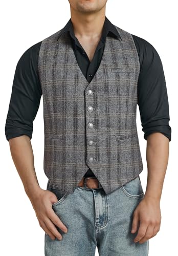 Enlision Herren Weste Grau Elegant Formale Plaid Regular Fit Hochzeit Kariet V Ausschnitt Herrenweste Tweed Wolle Elegant V-Ausschnitt 2XL von Enlision
