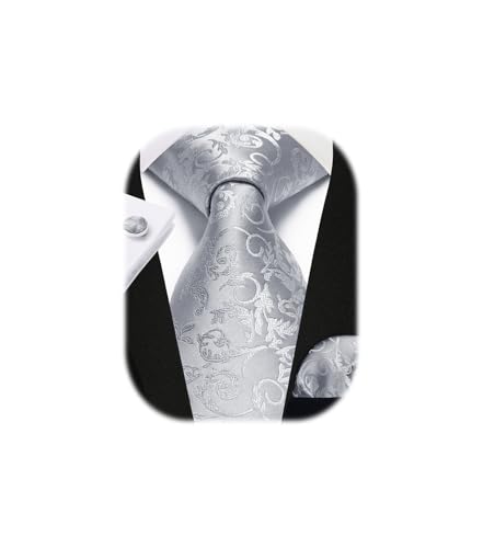 Enlision Grau Krawatte Herren Seide Hochzeit Krawatten und Einstecktuch mit Manschettenknöpfe Set Elegant Floral Einfarbig Seidenkrawatte mit Taschentuch Business Party von Enlision