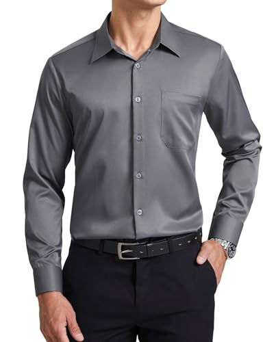 Enlision Graues Hemd Herren Langarm Bügelfrei Stretch Businesshemden Regular Fit Freizeithemden Hochzeit Anzug Hemd mit Tasche 4XL von Enlision