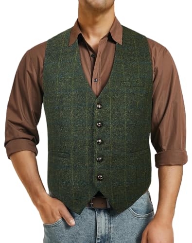 Enlision Weste Grün Herren Hochzeit Elegant Ärmellose Formale V Ausschnitt AnzugWeste für Manner Wolle Tweed Regular Fit S von Enlision