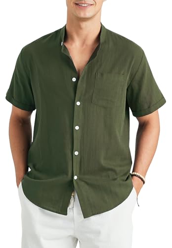 Enlision Grün Leinenhemd Herren Hemd Kurzarm Sommerhemd Freizeithemden für Herren Ohne Kragen für Geschäft mit Brusttasche 4XL von Enlision