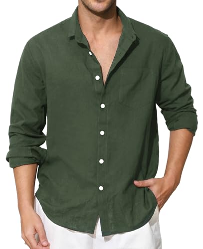 Enlision Grüne Leinenhemd Herren Hemd Langarm Dunkelgrün Baumwolle Leichtes Freizeithemd Sommerhemd Regular Fit Locker Henley Shirt Hemden Sommer 3XL von Enlision