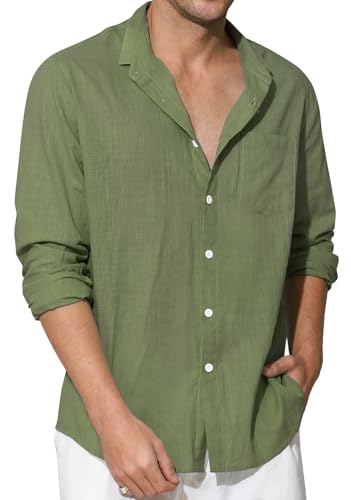 Enlision Grüne Leinenhemd Herren Hemd Langarm Armeegrün Hemden Baumwolle Leichtes Freizeithemd Sommerhemd Regular Fit Locker Henley Shirt Olivgrün 2XL von Enlision