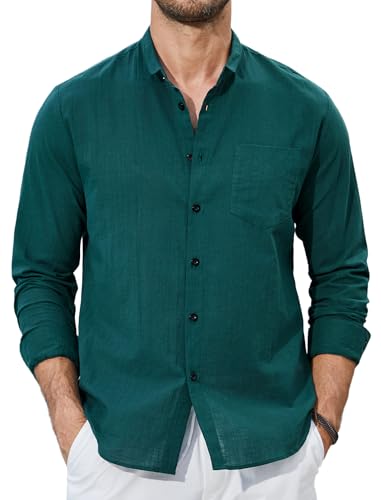 Enlision Grüne Leinenhemd Herren Hemd Langarm Petrol Grün Baumwolle Leichtes Freizeithemd Sommerhemd Regular Fit Locker Henley Shirt Brusttasche L von Enlision