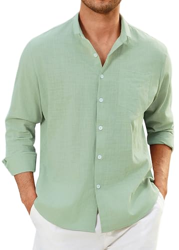 Enlision Grüne Leinenhemd Herren Langarm Hemd Herren Salbeigrün Baumwolle Leichtes Sommerhemd Freizeithemd Regular Fit Locker Hemden Henley Shirt XL von Enlision