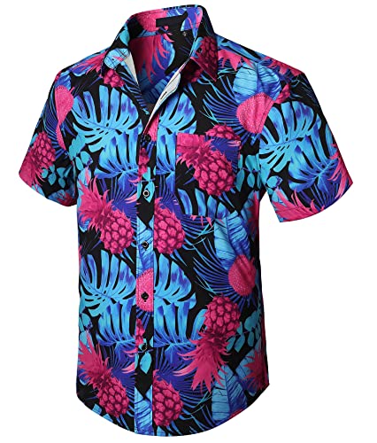 Enlision Hawaii Hemd Ananas Kurzarm Funky Hawaii Print Button-Down-Hemden für Männer Aloha Party Beach Holiday,Blau und Rosa,L von Enlision
