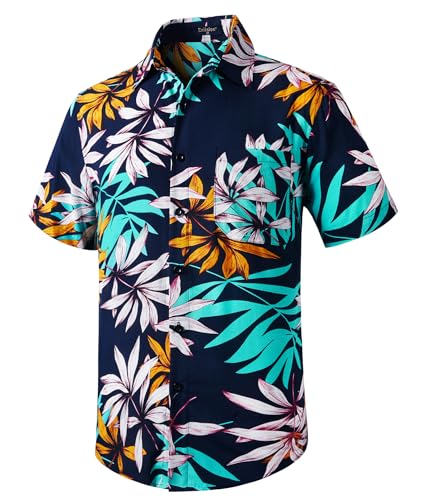 Enlision Hawaii Hemd Herren Kurzarm Navy Blau Funky Blumenhemd Sommer Strand Aloha Bedruckter Hawaiihemden Männer mit Tasche L von Enlision