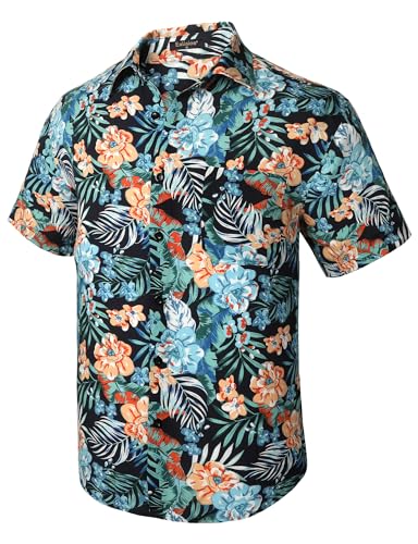 Enlision Hawaii Hemd Herren Kurzarm Navy Blau Funky Blumenhemd Sommer Strand Aloha Bedruckter Hawaiihemden Männer mit Tasche L von Enlision