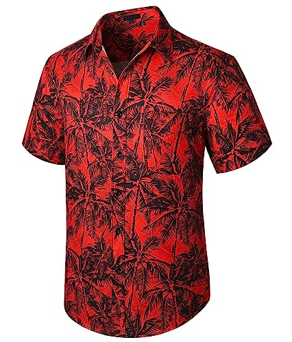 Enlision Herren Hawaiihemd Kurzarm Rot Surfen Bügelfrei Button Down Sommer Hemd Beach Freizeit Urlaub Fronttasche Strand Hemd Aloha Palmen M von Enlision
