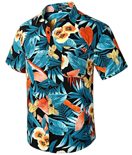 Enlision Hawaii Hemd Männer Blau Baumwolle Hawaii Kurzarmhemd Freizeit Sommerhemd Button Down Herren Hemden XXL von Enlision