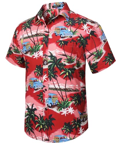 Enlision Hawaiihemd Herren Kurzarm Sommer Aloha Hemd Strandhemd mit Knöpfen Tropisches Hawaii Print Hemden Für Männer Urlaub Strand Hochzeit Party,Rot,L von Enlision