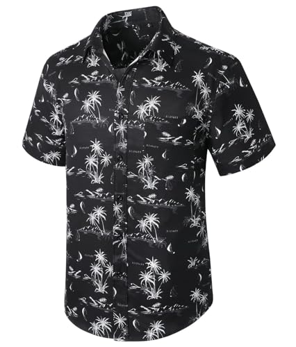 Enlision Funky Hawaii Hemden Männer Beach Sommer Strandhemd Casual Palmen Vordertasche Hawaiihemd Herren Kurzarm Surfen Hemd Schwarz 2XL von Enlision