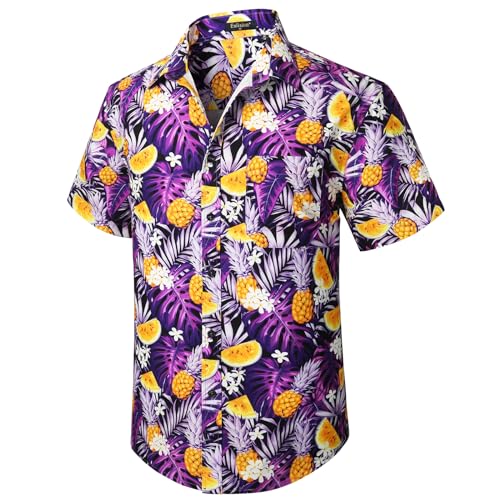 Enlision Hawaiihemd für Herren Funky Kurzarm Button Down Sommer Aloha Hawaiihemd Strandurlaub Palme Ananas Druck Lila L von Enlision