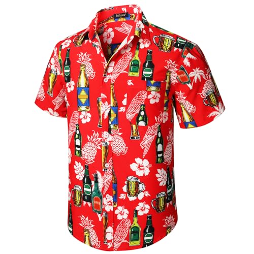 Enlision Hawaiihemd für Herren Funky Kurzarm Casual Button Down Sehr laut Sommer Aloha Hawaiihemd Strand Surf Urlaub Blumen Palmendruck Bierrot Hemd für XL von Enlision