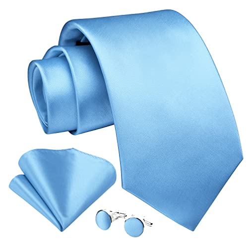 Enlision Hellblau Krawatte Herren Seide Hochzeit Krawatten und Einstecktuch mit Manschettenknöpfe Set Elegant Einfarbig Seidenkrawatte mit Taschentuch Business Party von Enlision