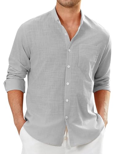 Enlision Hellgraue Hemd Herren Langarm Leinenhemd Herren Grau Baumwolle Leichtes Freizeithemd Sommerhemd Hemden Regular Fit Henley Shirt M von Enlision