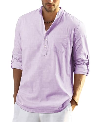 Enlision Helllila Leinenhemd Herren Hemd Langarm Sommerhemd Herren Regular Fit Freizeithemd mit Brusttasche Henley Shirt L von Enlision
