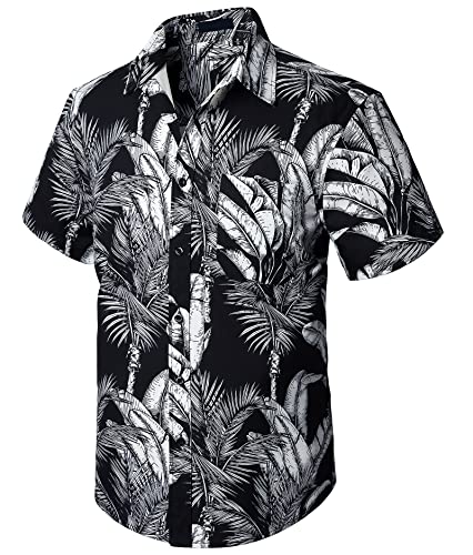 Enlision Hemd Freizeit Hawaii Herren Lässig Hemden Mit Kurzen ärmeln und Fronttasche Beach Shirt Für Grillparty Nightout Hemden Kurzarm Leaf Print,Schwarz,L von Enlision