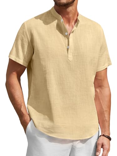 Enlision Hemd Herren Kurzarm Beige Baumwolle Leinenhemd Sommerherren Freizeithemden Henley Shirt Leichtes Linen Hemden für Strand Regular Fit XL von Enlision